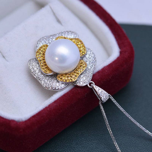 11-12mm Freshwater Pearl & Large Rose CZ Pendant Necklace - House Of Pearls